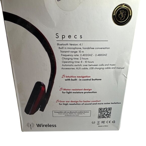 EG Audio Wireless Bluetooth Headphones Red Noise Canceling Mic AUX Charging Cord - Picture 2 of 6